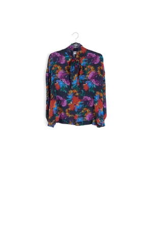 Shirt with bow and anthracite grey, blue and orange floral print
