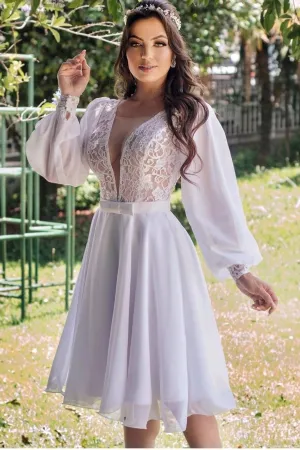 Short Chiffon Beach Wedding Gown with Long Sleeves