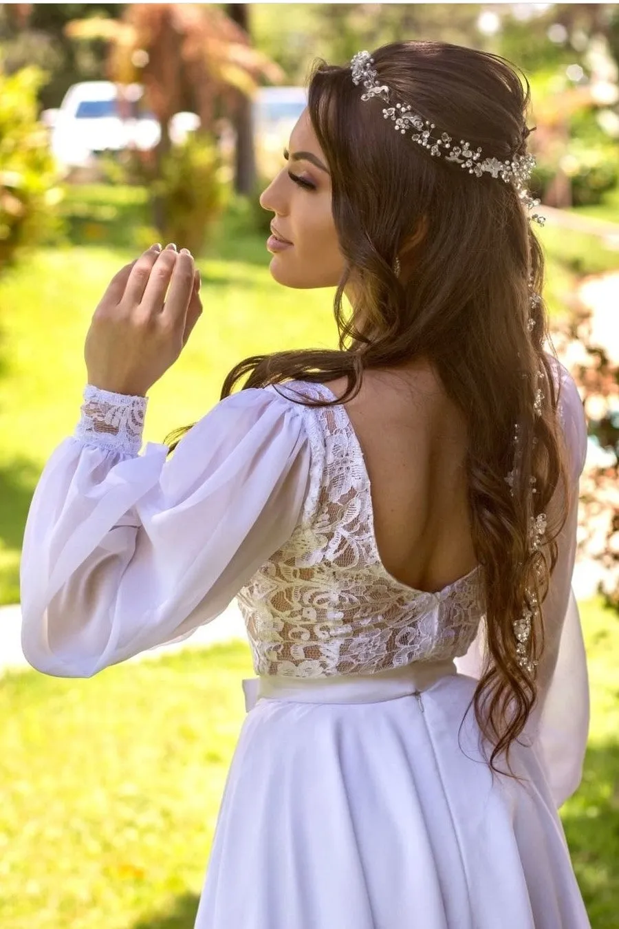 Short Chiffon Beach Wedding Gown with Long Sleeves
