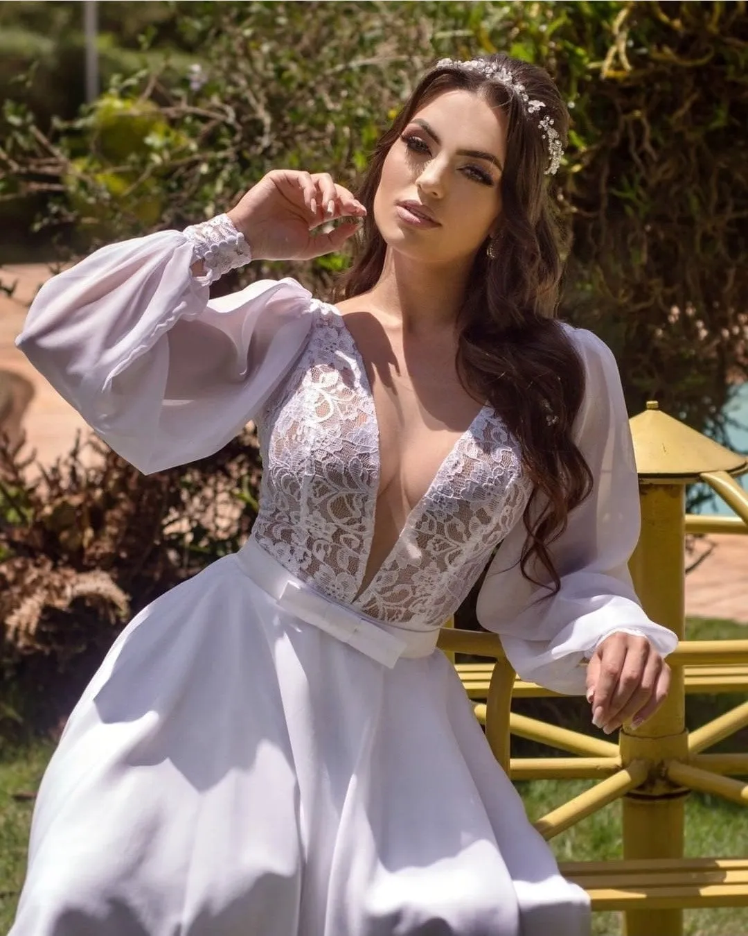 Short Chiffon Beach Wedding Gown with Long Sleeves