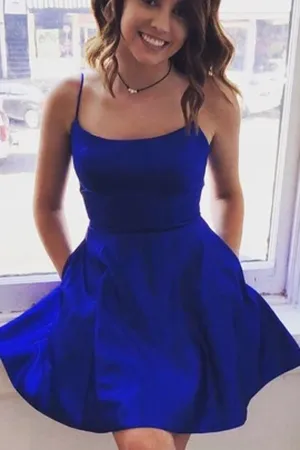 Simple Satin Royal Blue Short Prom Dresses, Homecoming Dress With Pockets, MH453