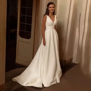 Simple Wedding Dresses A-Line Satin Bridal Gowns Sexy Sleeveless V-Neck Elegant Robes For Formal Party Vestidos De Novia