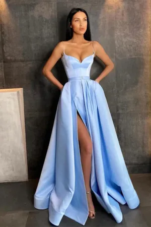 Sky Blue Spaghetti Straps Prom Dress A Line with Split Pockets