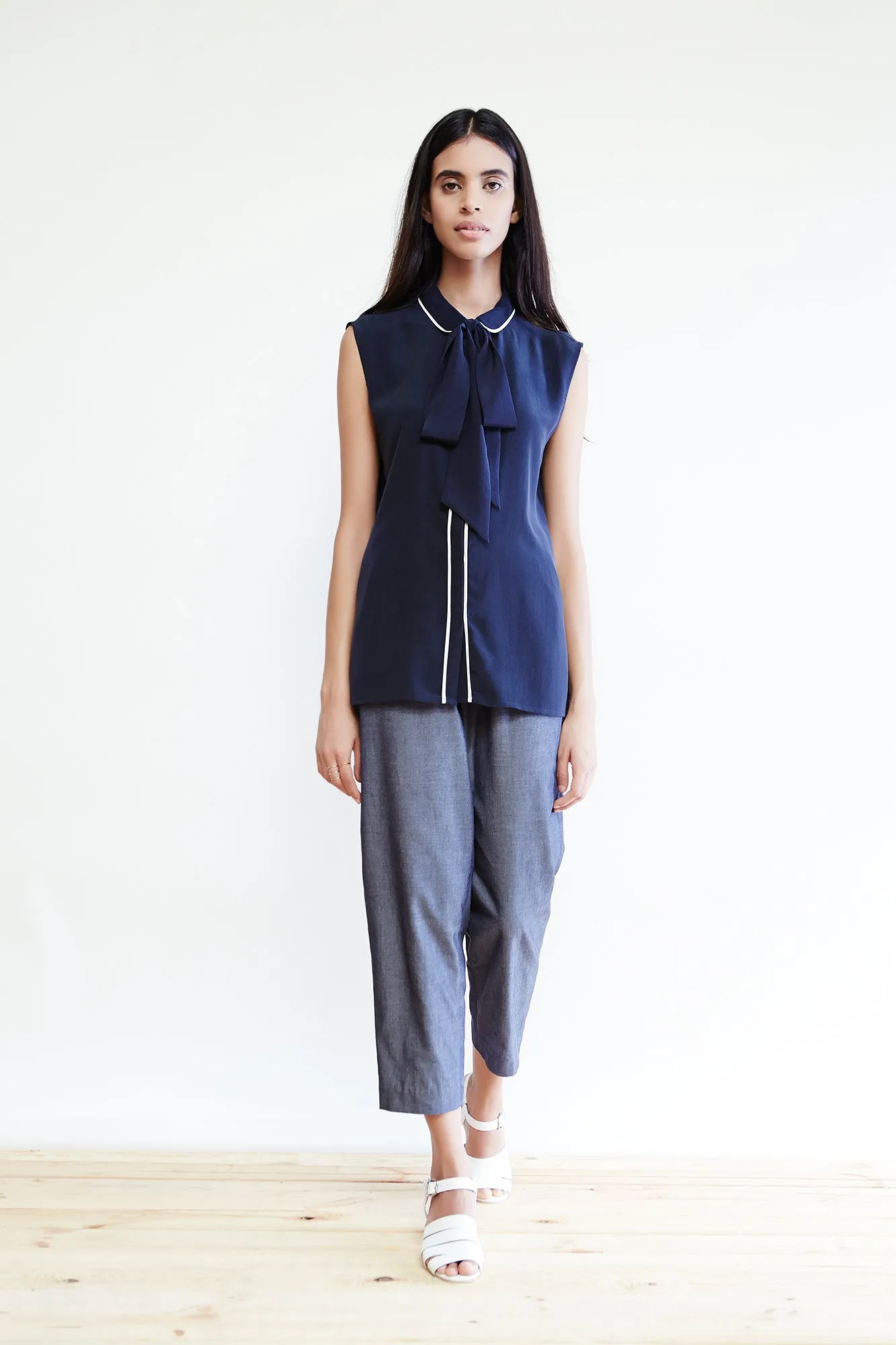 Sleeveless Silk Bow Tie Blouse