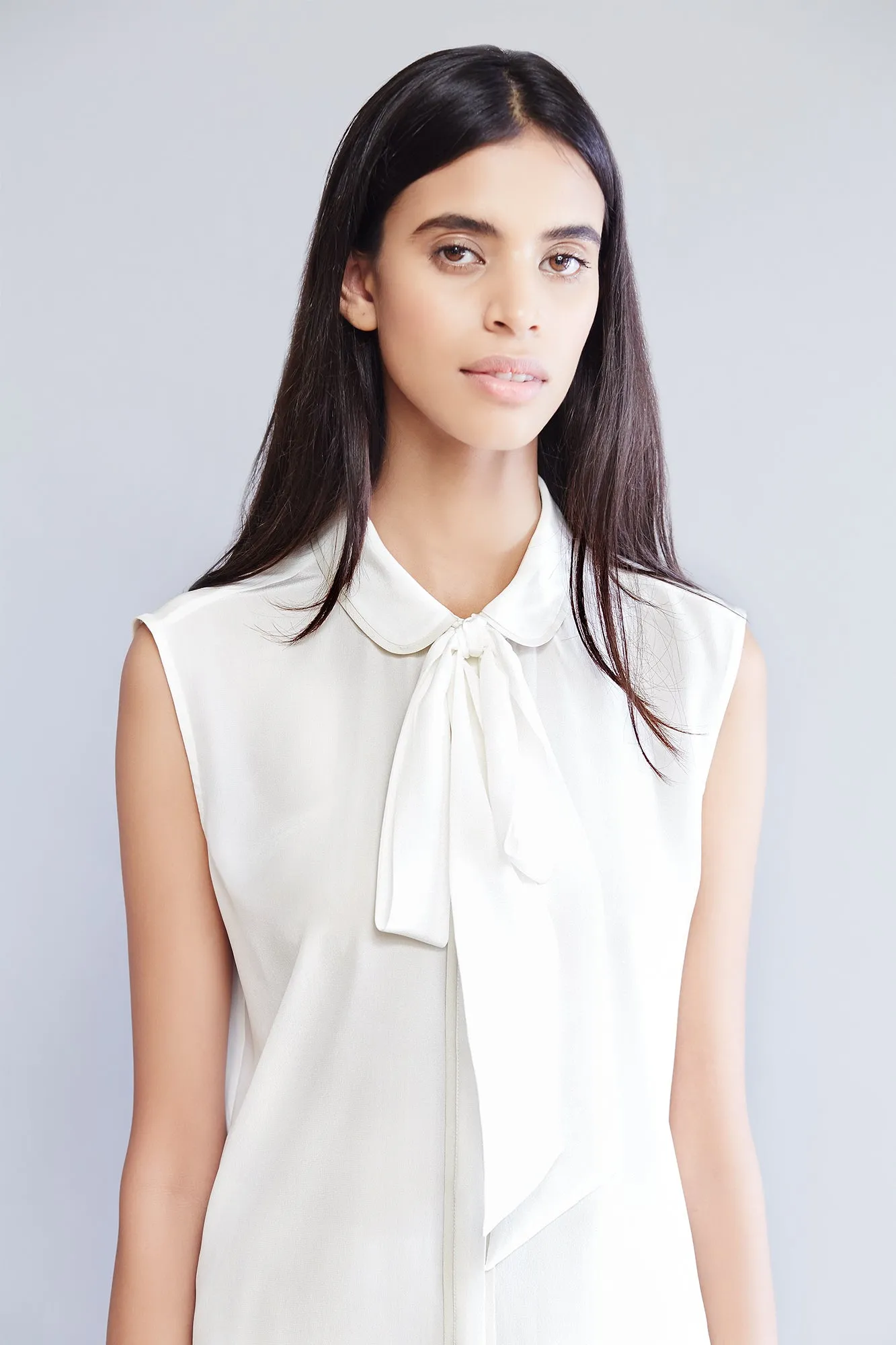 Sleeveless Silk Bow Tie Blouse