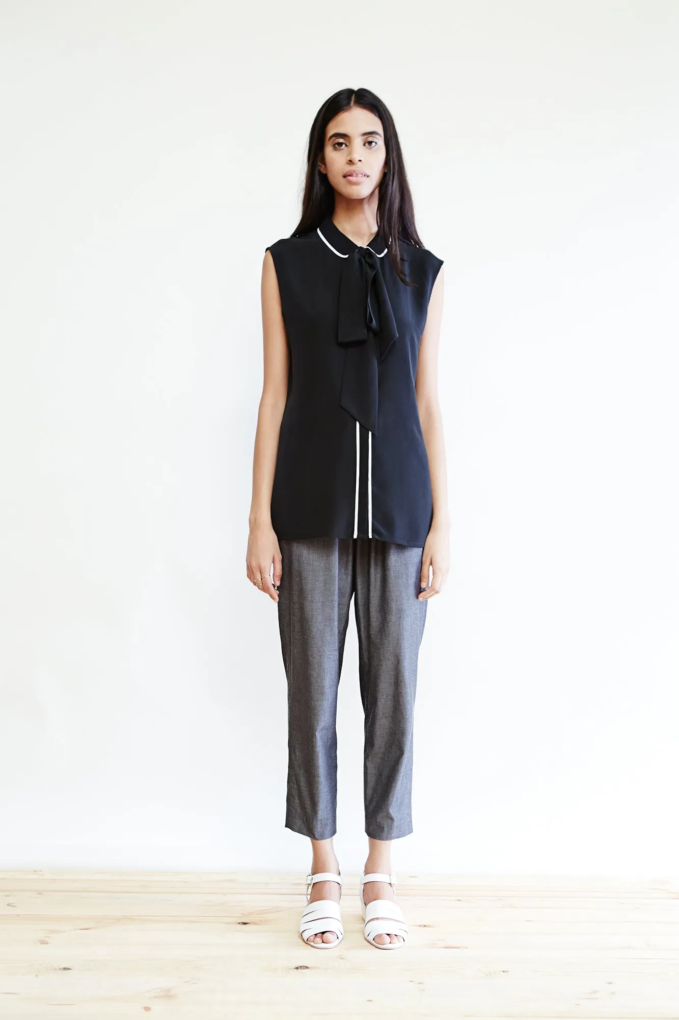 Sleeveless Silk Bow Tie Blouse