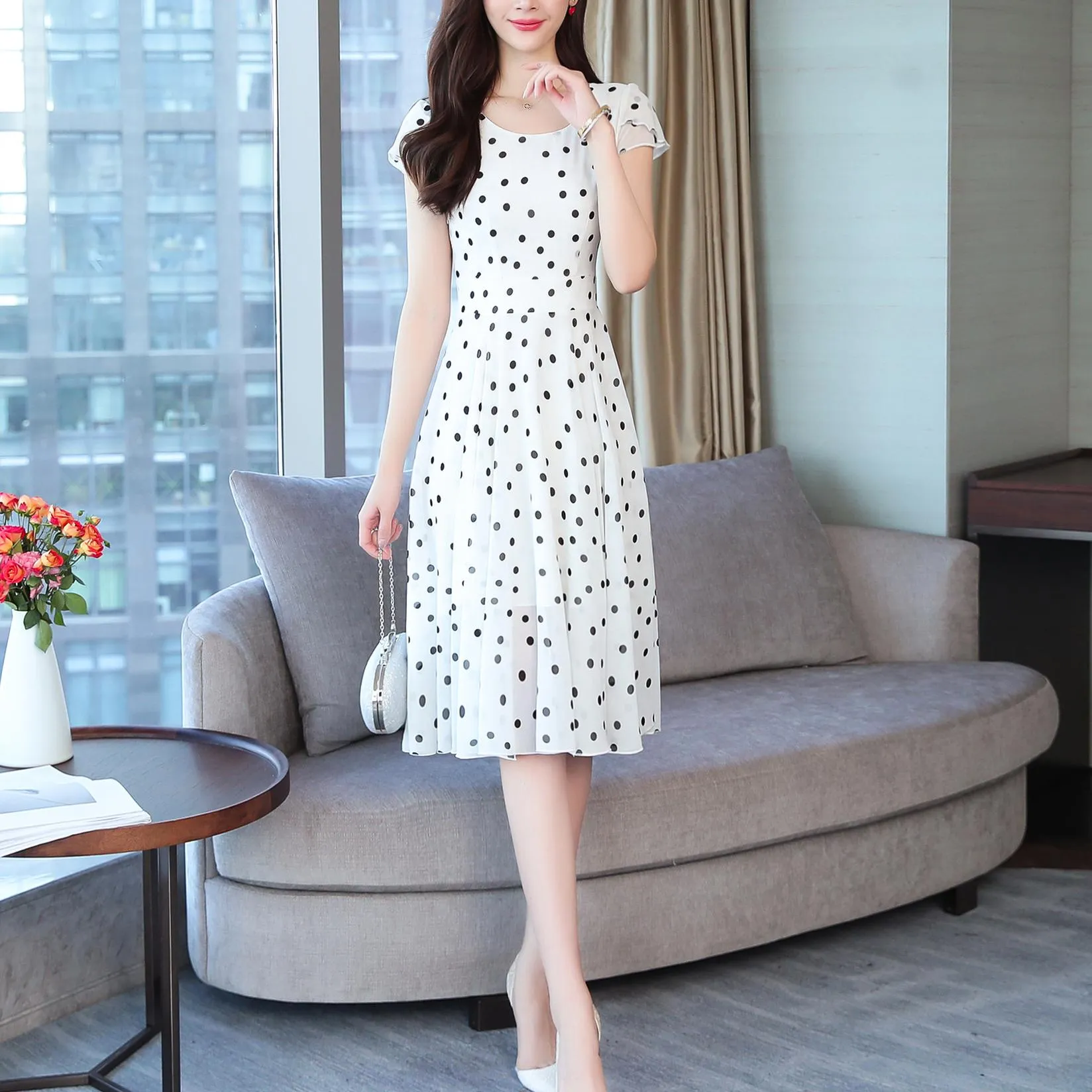 Slinky Mid-length Dress in Stylish Dots for Women