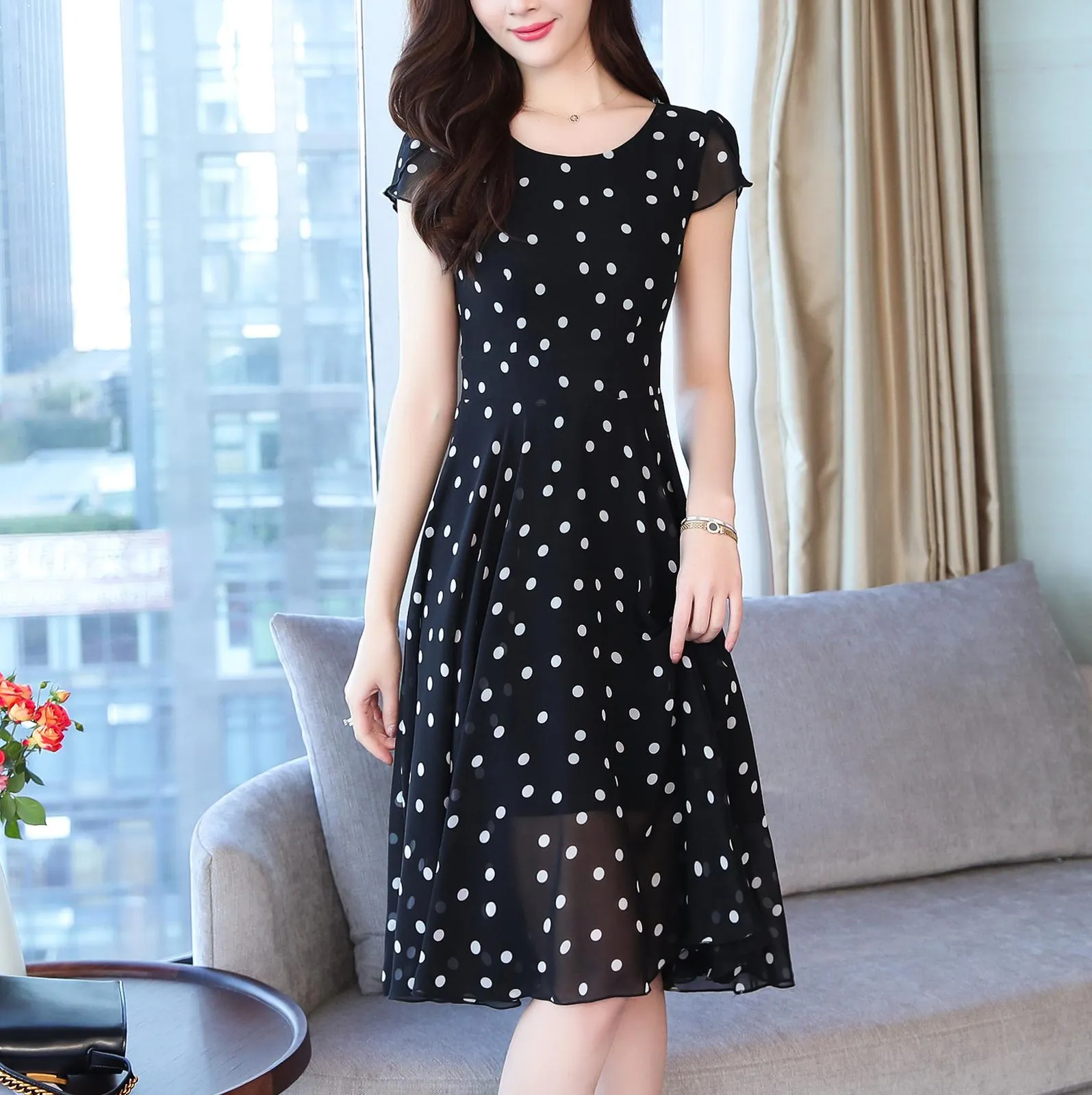 Slinky Mid-length Dress in Stylish Dots for Women