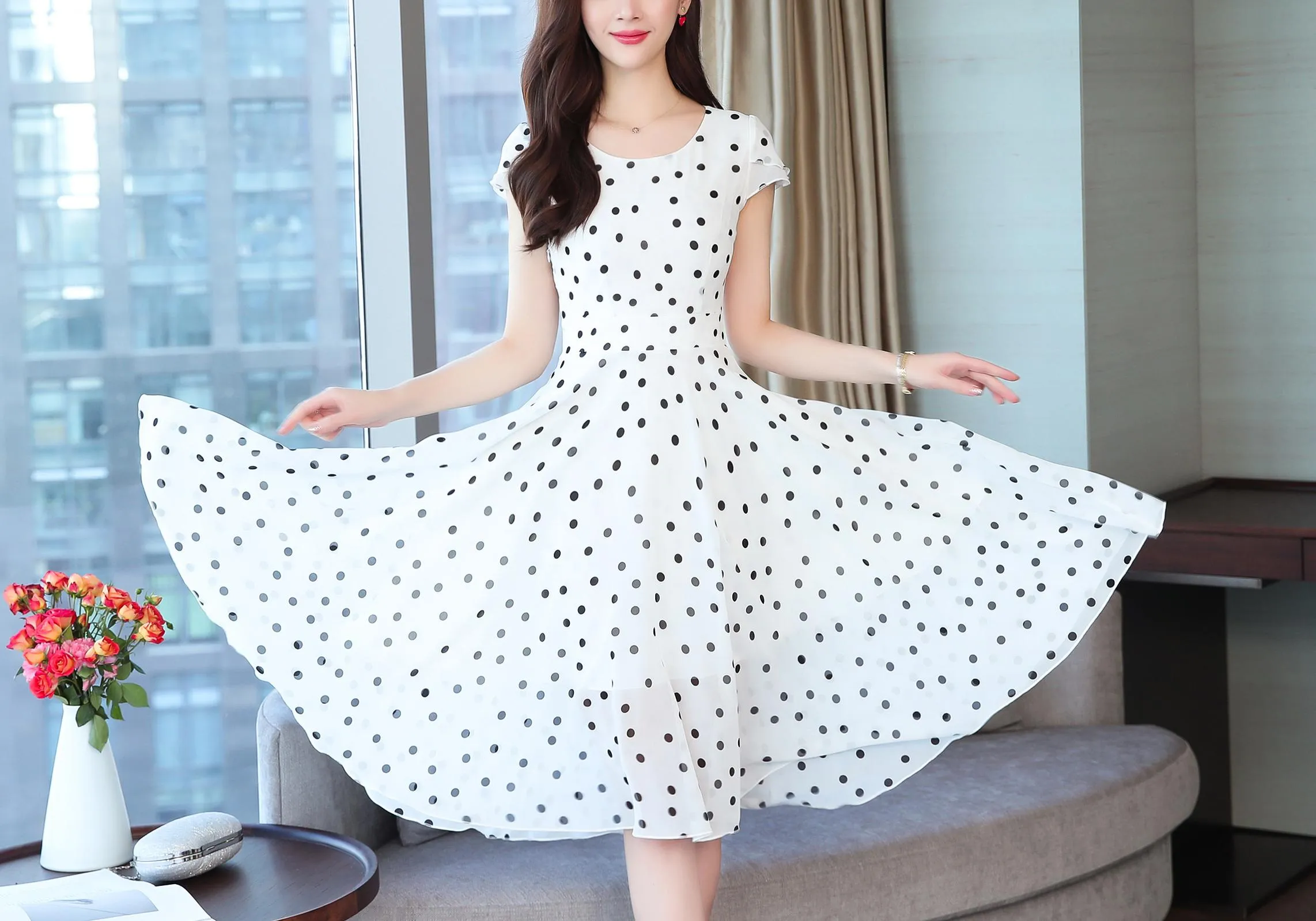 Slinky Mid-length Dress in Stylish Dots for Women