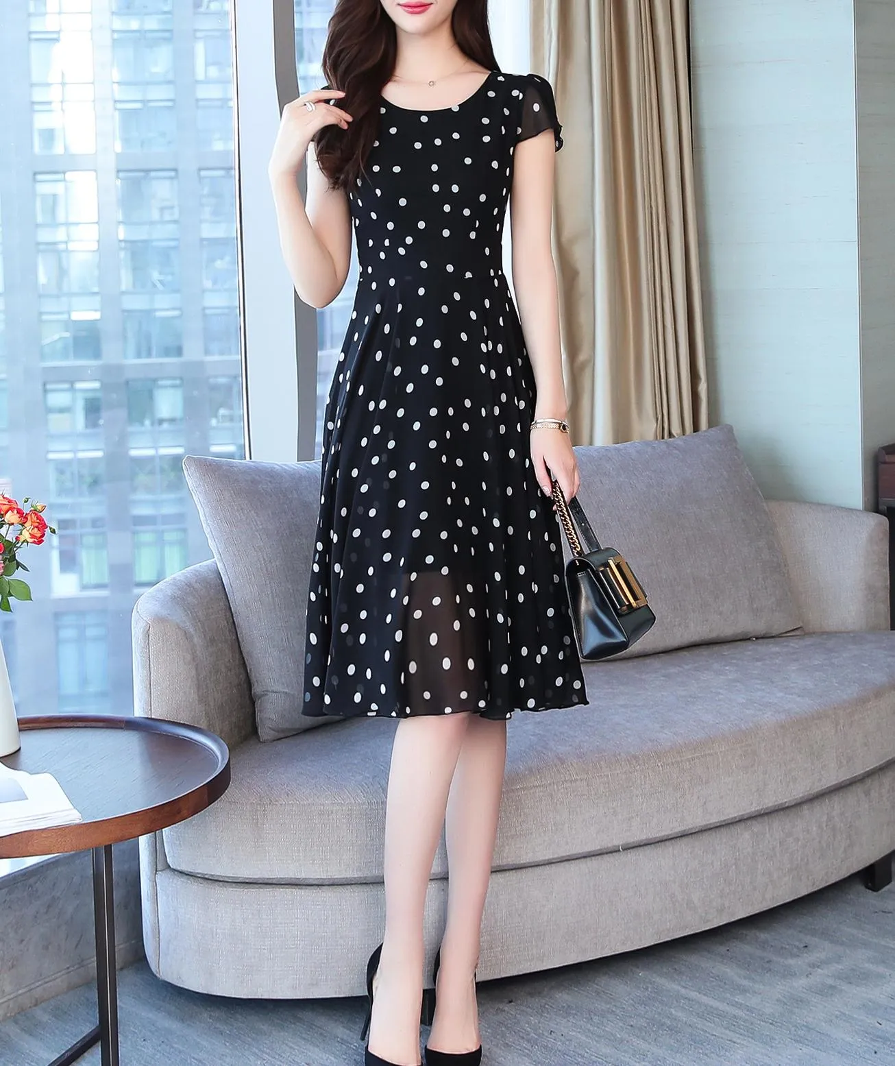Slinky Mid-length Dress in Stylish Dots for Women