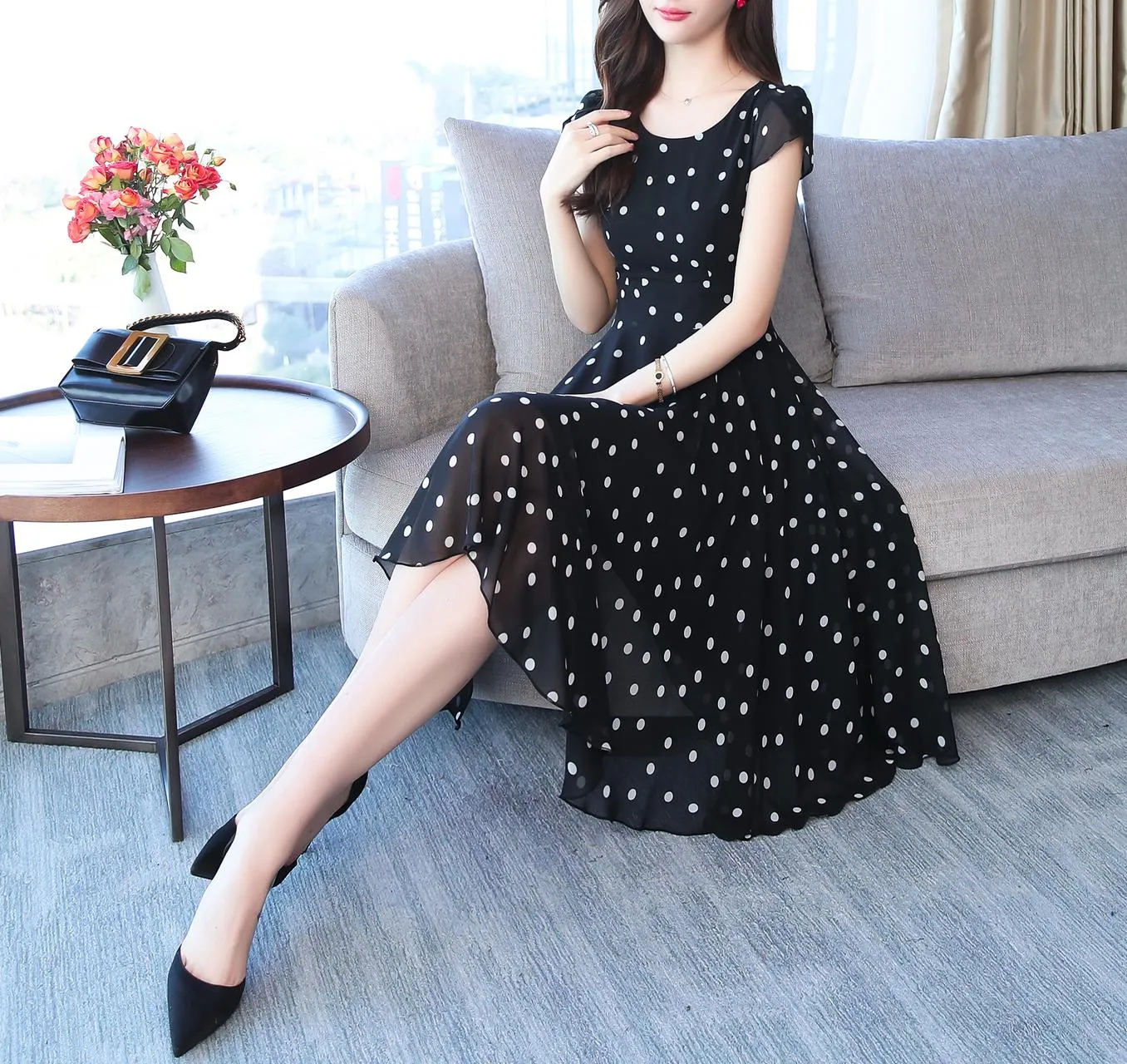 Slinky Mid-length Dress in Stylish Dots for Women