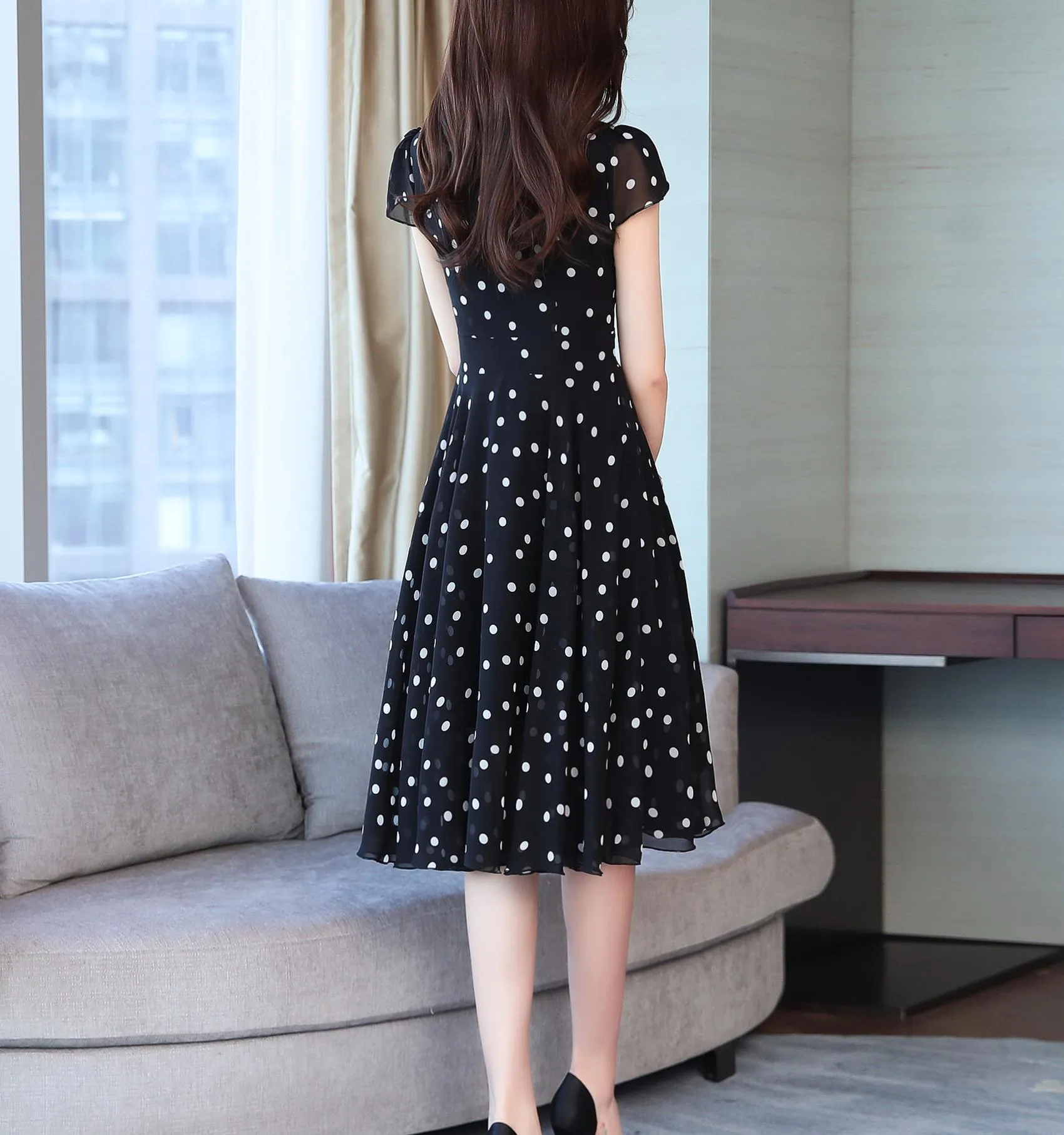 Slinky Mid-length Dress in Stylish Dots for Women
