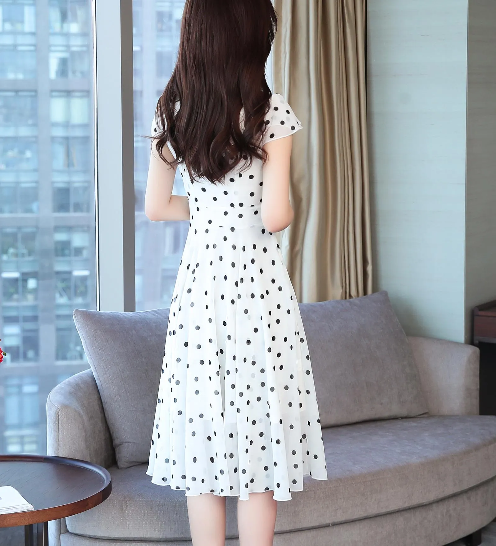 Slinky Mid-length Dress in Stylish Dots for Women