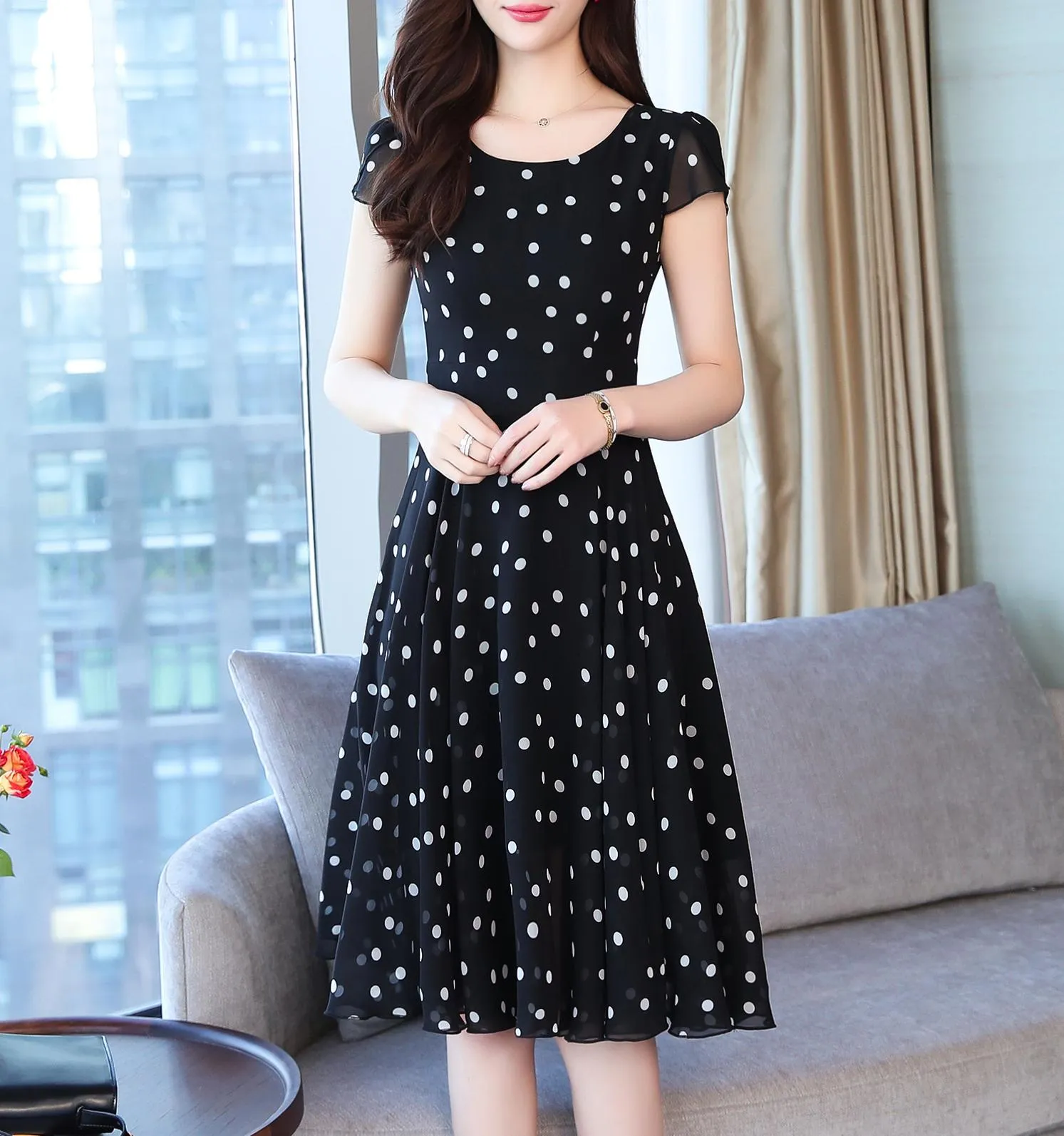 Slinky Mid-length Dress in Stylish Dots for Women
