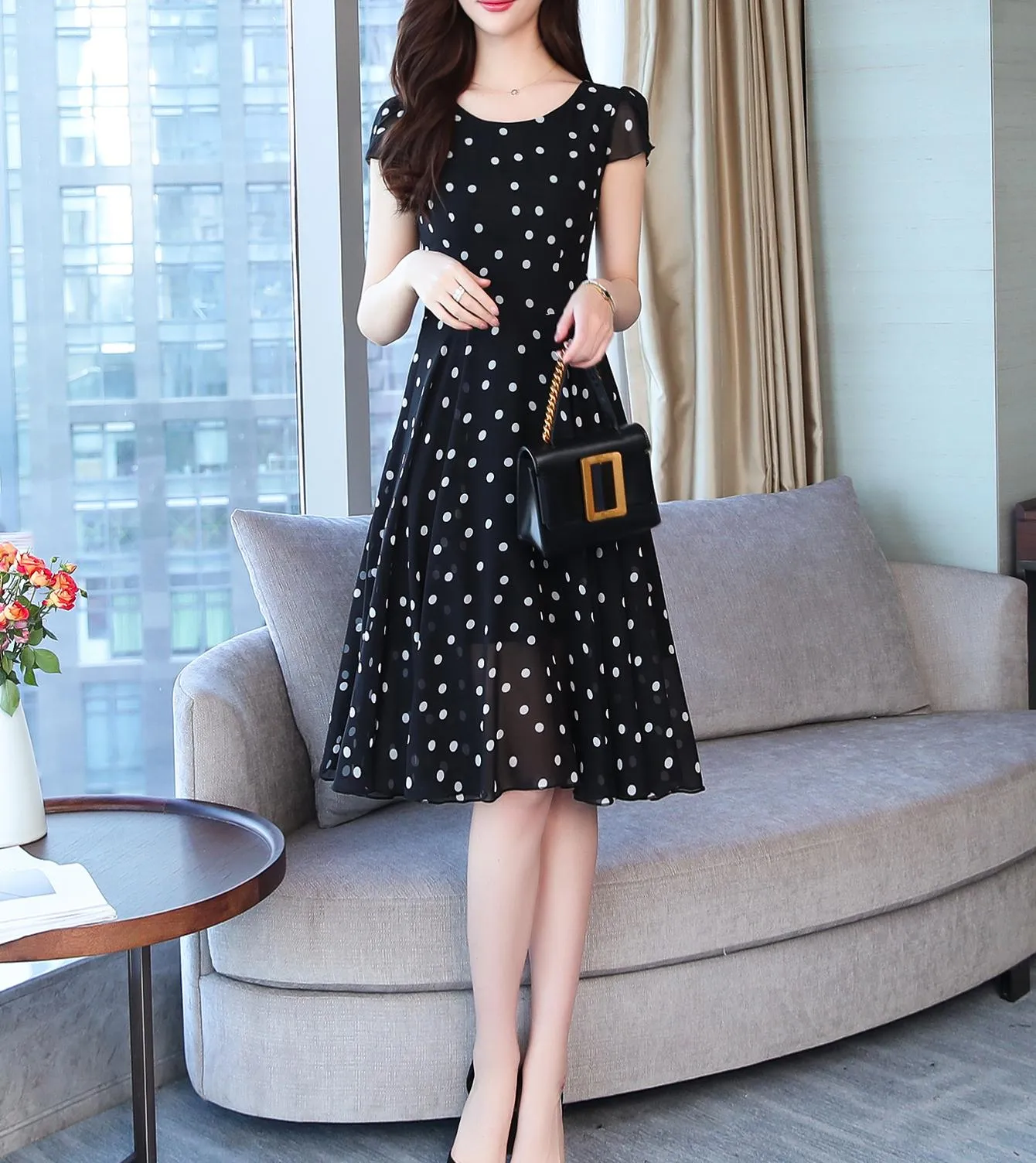 Slinky Mid-length Dress in Stylish Dots for Women