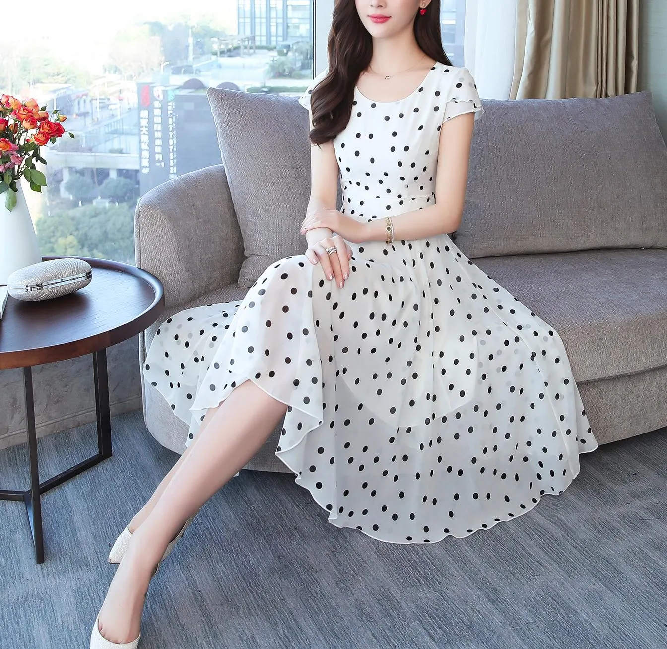 Slinky Mid-length Dress in Stylish Dots for Women