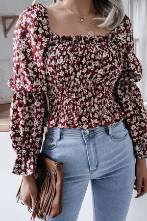 Smocked Cropped Brown Floral Long Sleeve Shirt