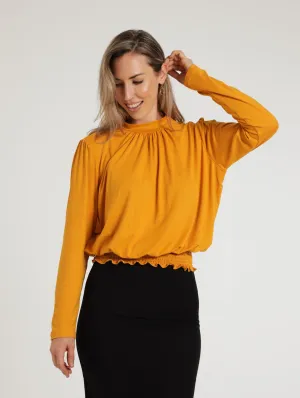 Smocked Hi-Neck Blouse - Mustard