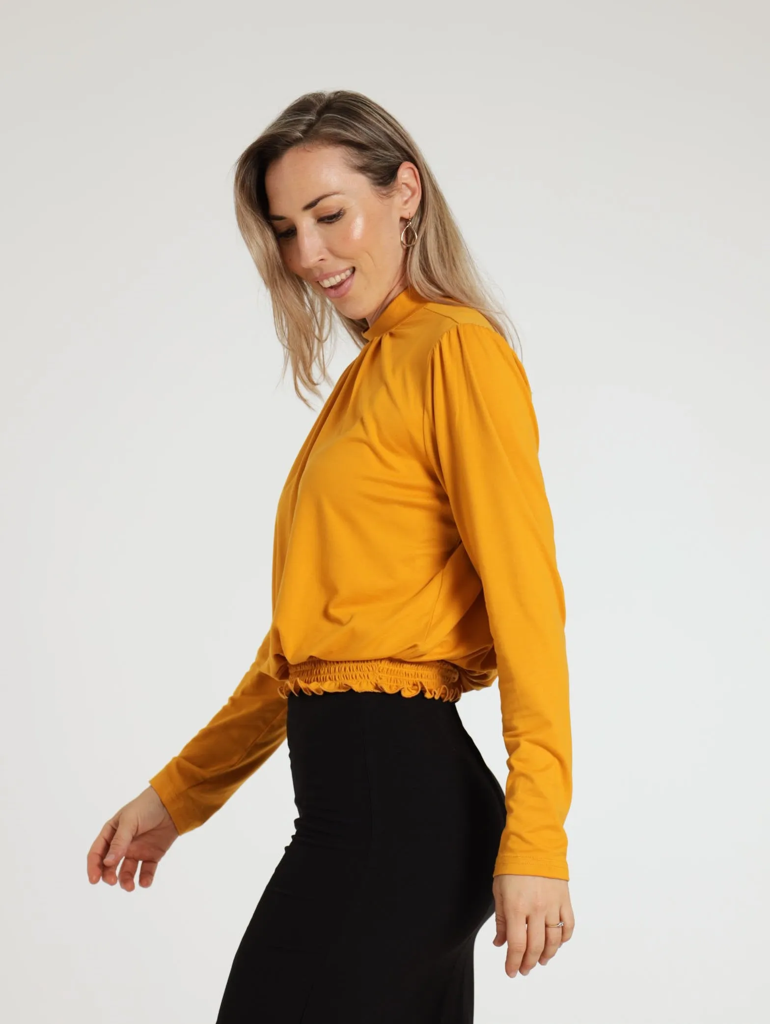 Smocked Hi-Neck Blouse - Mustard
