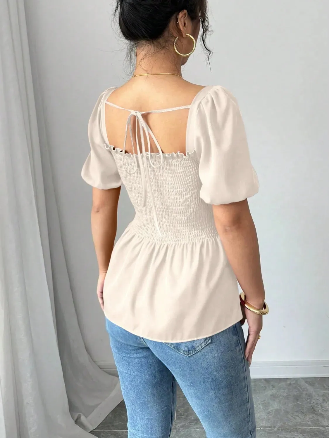Smocked Square Neck Short Sleeve Blouse