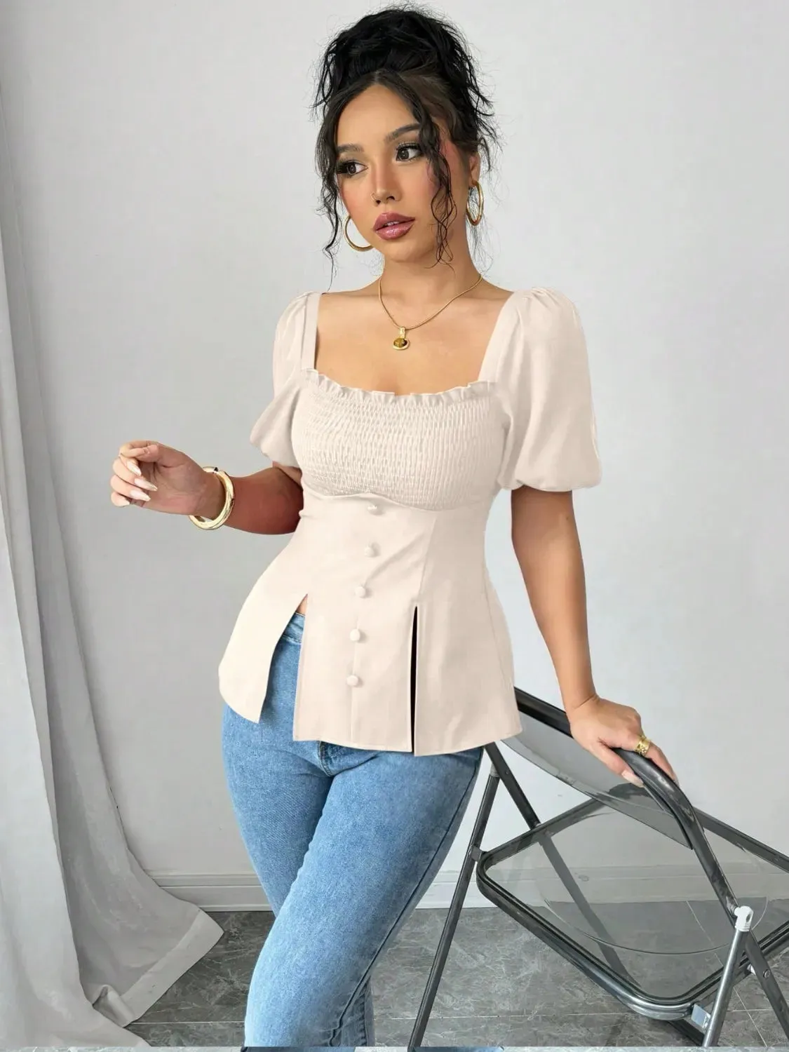 Smocked Square Neck Short Sleeve Blouse