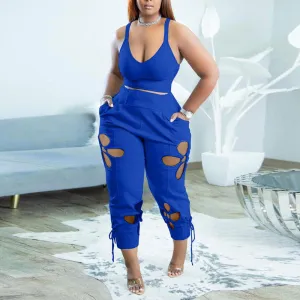 Solid Cut Out 2PCS Pants Set