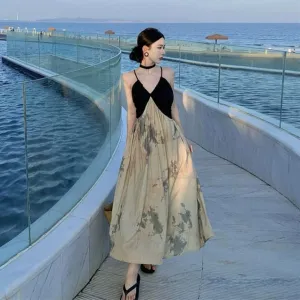 Spaghetti Strap V-Neck Printed Paneled Midi A-Line Dress