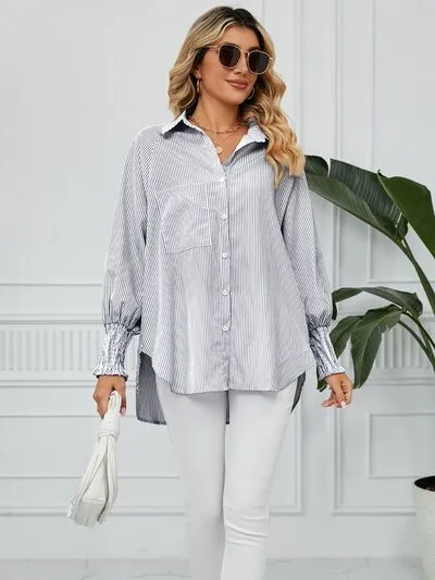 Striped Collared Neck Long Sleeve Shirt S-2XL
