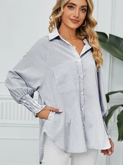 Striped Collared Neck Long Sleeve Shirt S-2XL