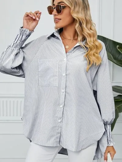 Striped Collared Neck Long Sleeve Shirt S-2XL