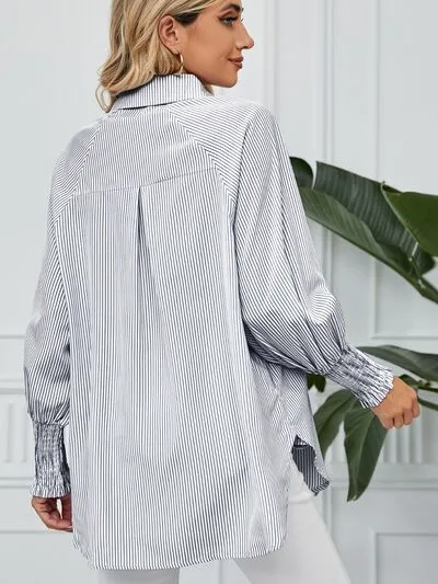 Striped Collared Neck Long Sleeve Shirt S-2XL
