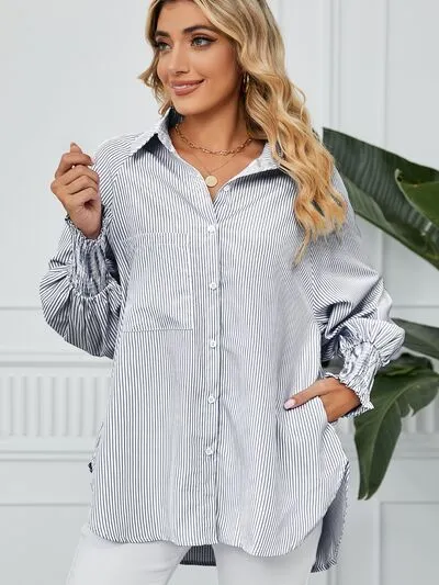 Striped Collared Neck Long Sleeve Shirt S-2XL