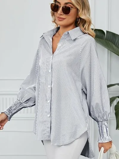 Striped Collared Neck Long Sleeve Shirt S-2XL