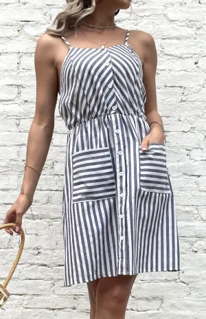 Striped Slip Mini Dress with Button-Down Front and Adjustable Straps