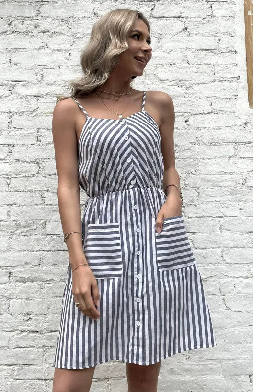 Striped Slip Mini Dress with Button-Down Front and Adjustable Straps