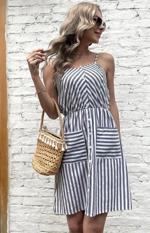 Striped Slip Mini Dress with Button-Down Front and Adjustable Straps