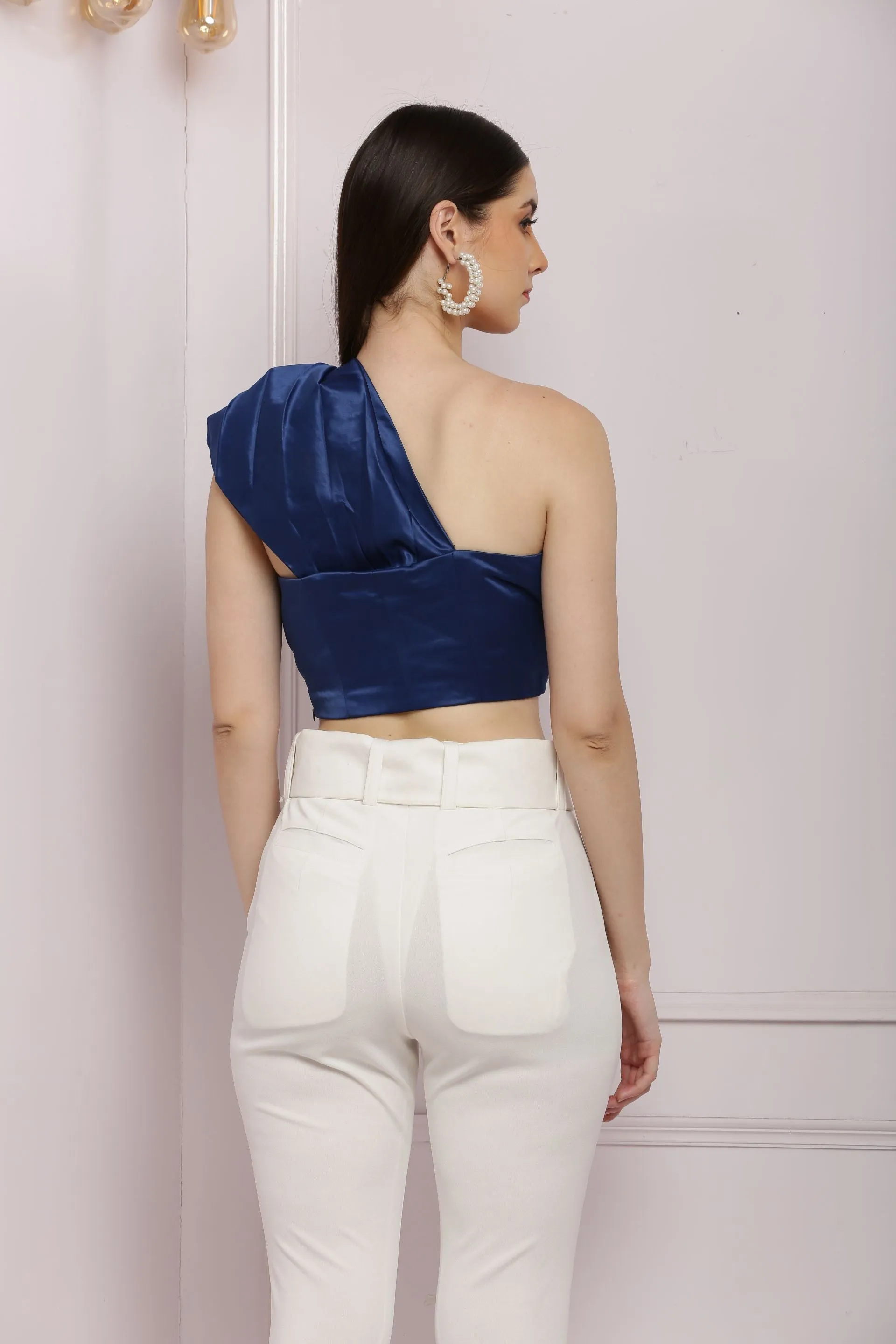 Structured One Shoulder Navy Blue Crop Top