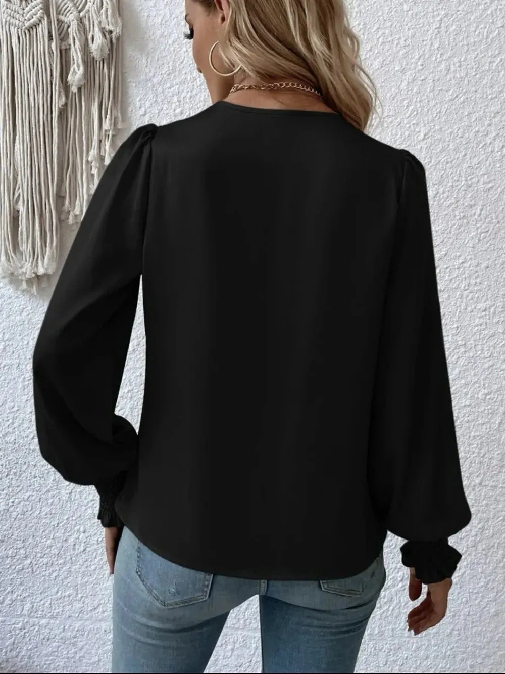 Surplice Smocked Lantern Sleeve Blouse for Women