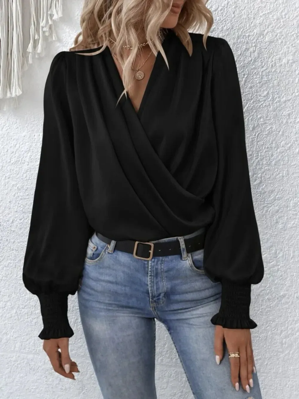 Surplice Smocked Lantern Sleeve Blouse for Women