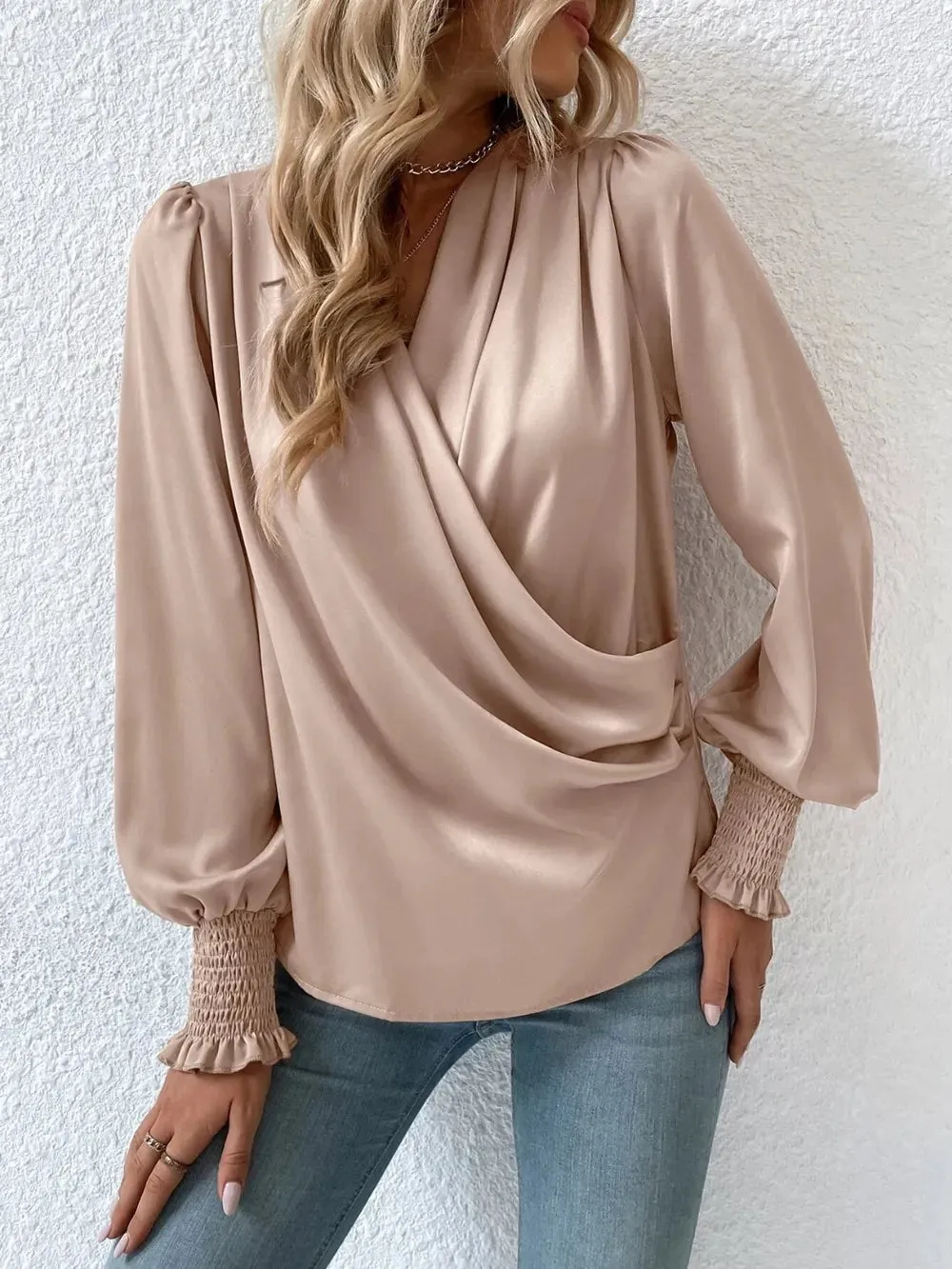 Surplice Smocked Lantern Sleeve Blouse for Women