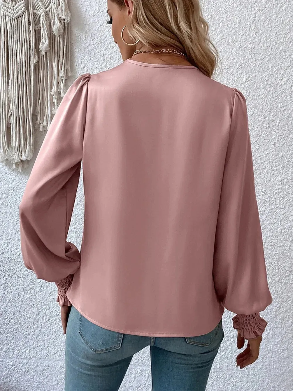 Surplice Smocked Lantern Sleeve Blouse for Women