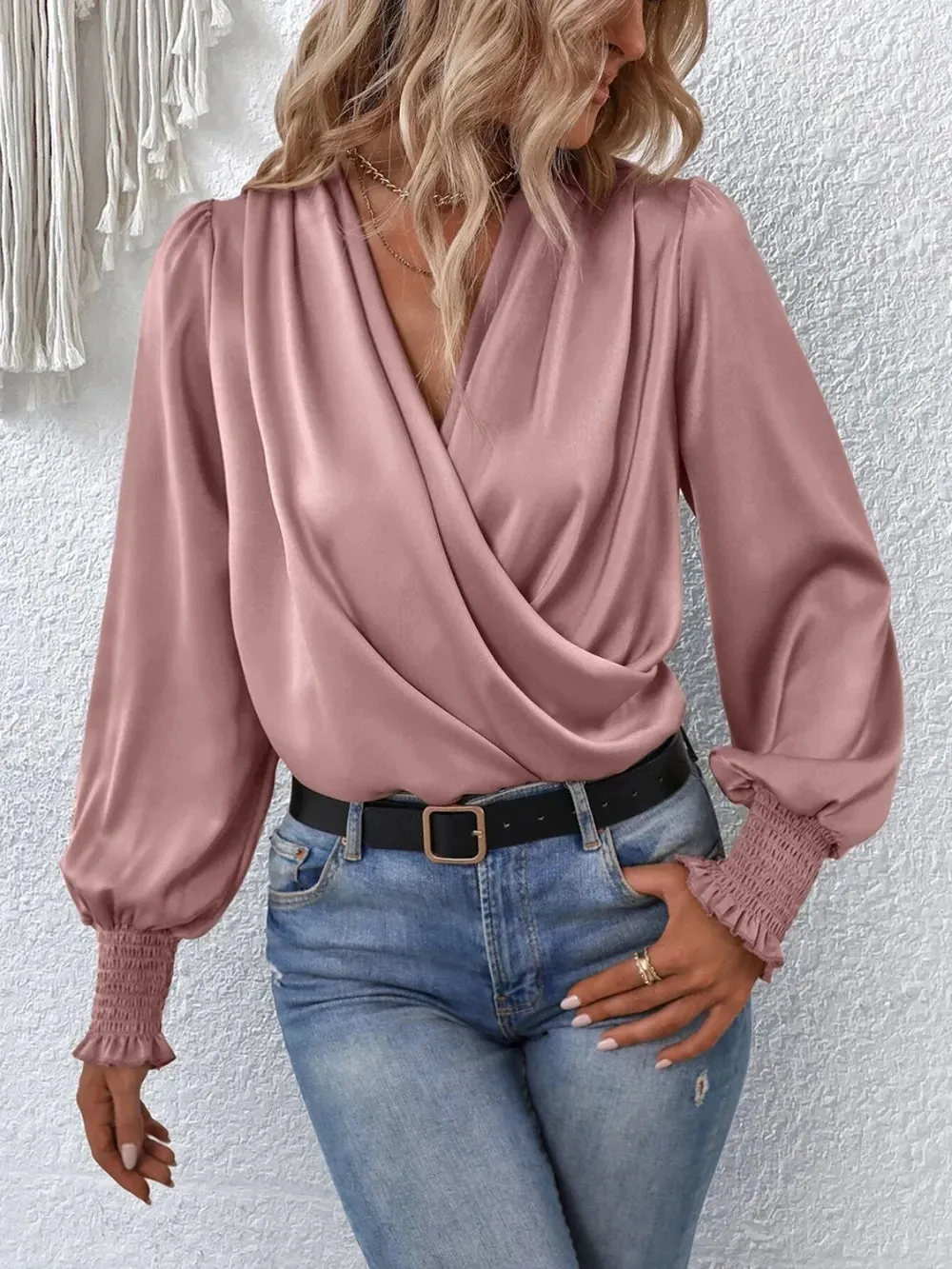Surplice Smocked Lantern Sleeve Blouse for Women