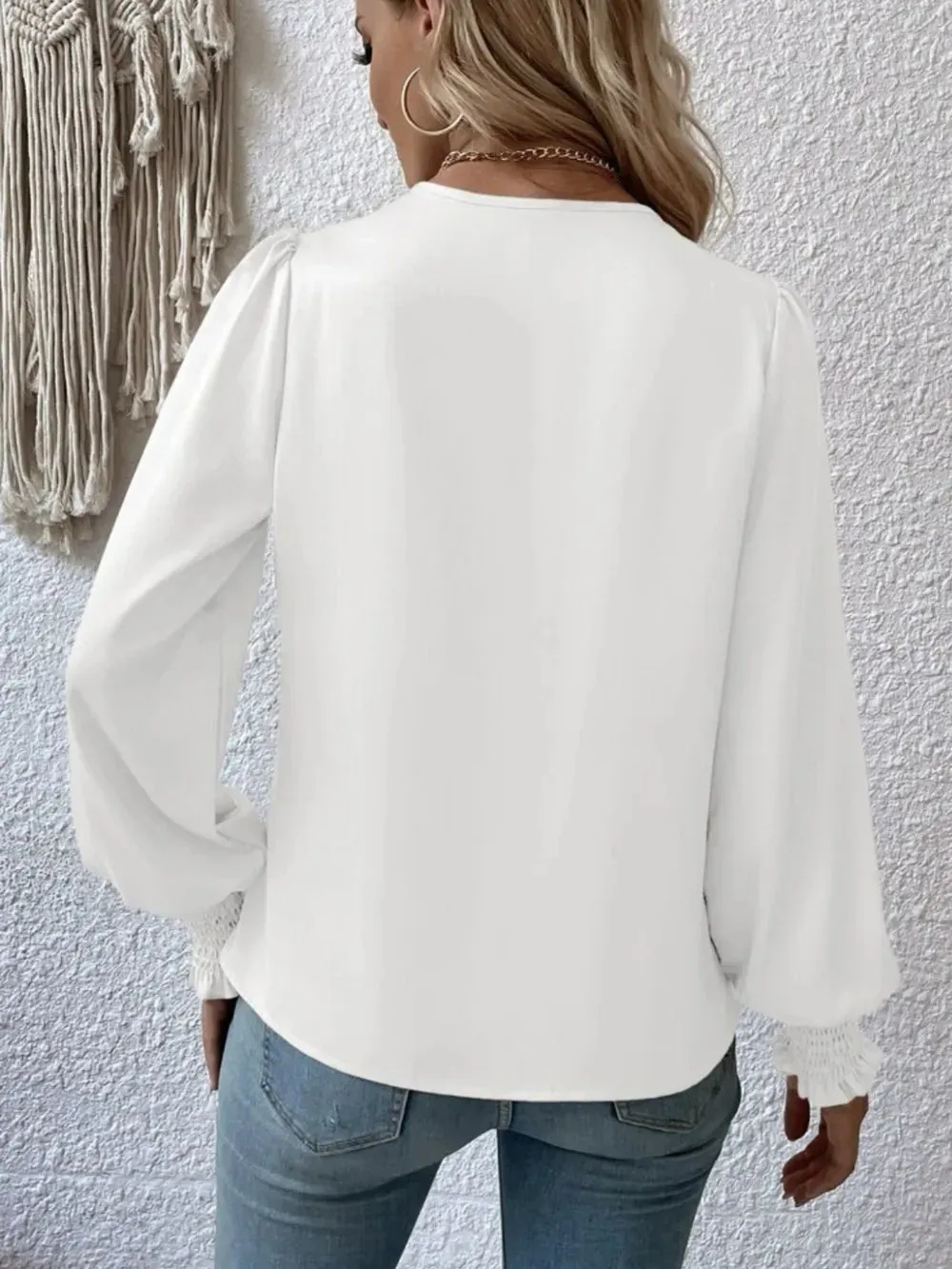 Surplice Smocked Lantern Sleeve Blouse for Women