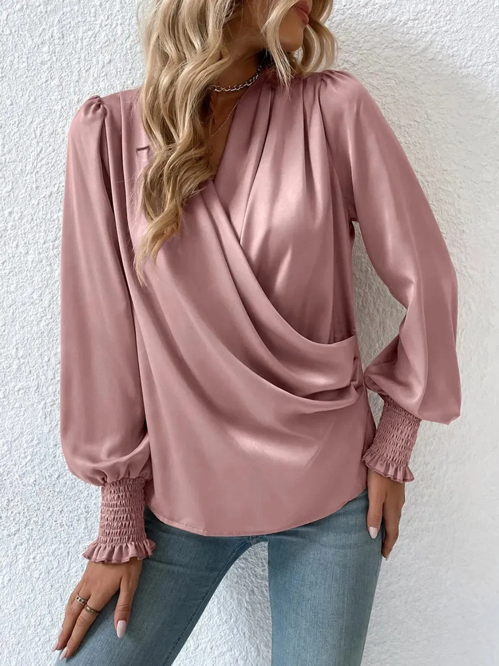 Surplice Smocked Lantern Sleeve Blouse for Women