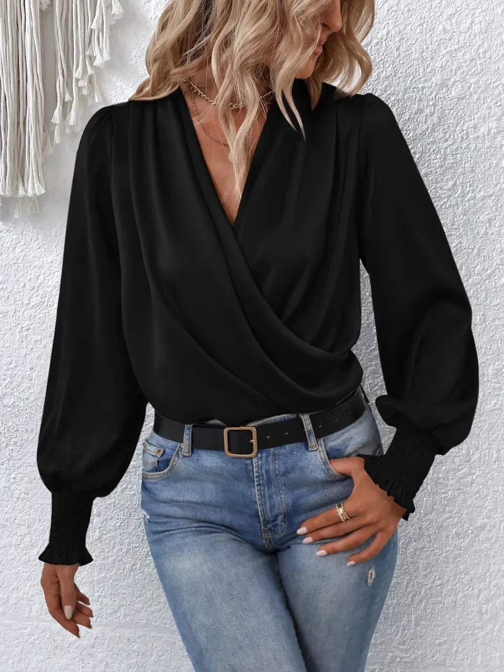 Surplice Smocked Lantern Sleeve Blouse for Women