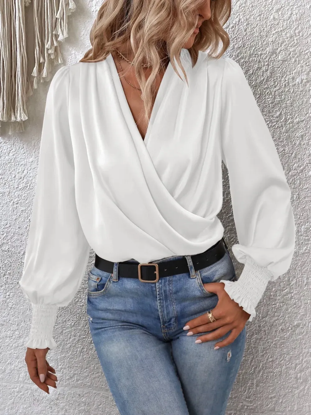 Surplice Smocked Lantern Sleeve Blouse for Women