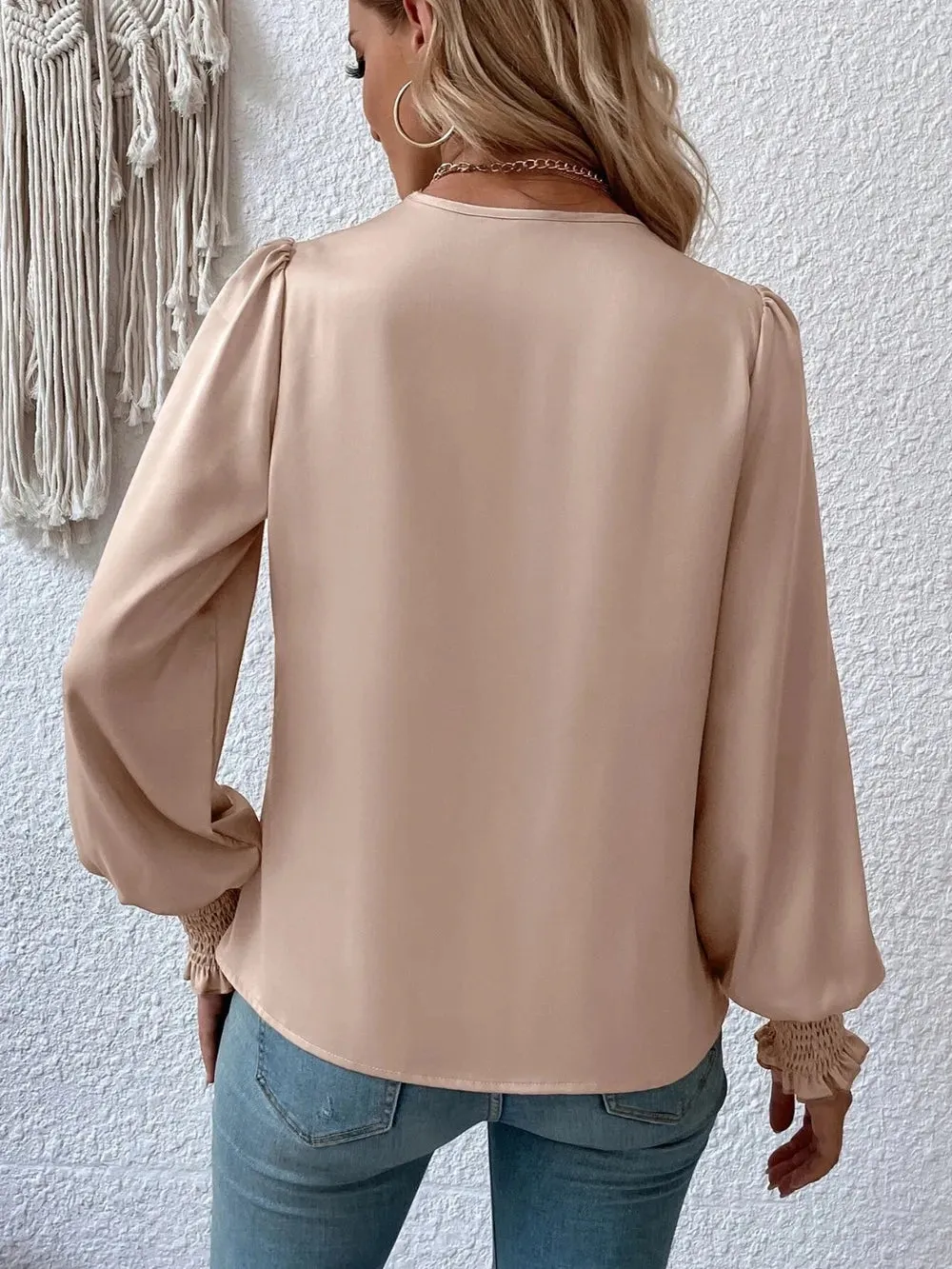 Surplice Smocked Lantern Sleeve Blouse for Women