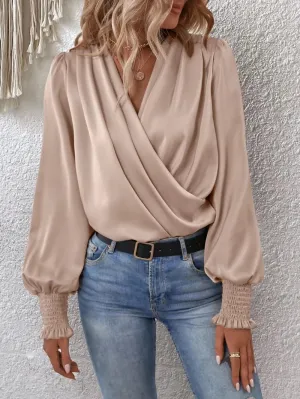 Surplice Smocked Lantern Sleeve Blouse for Women