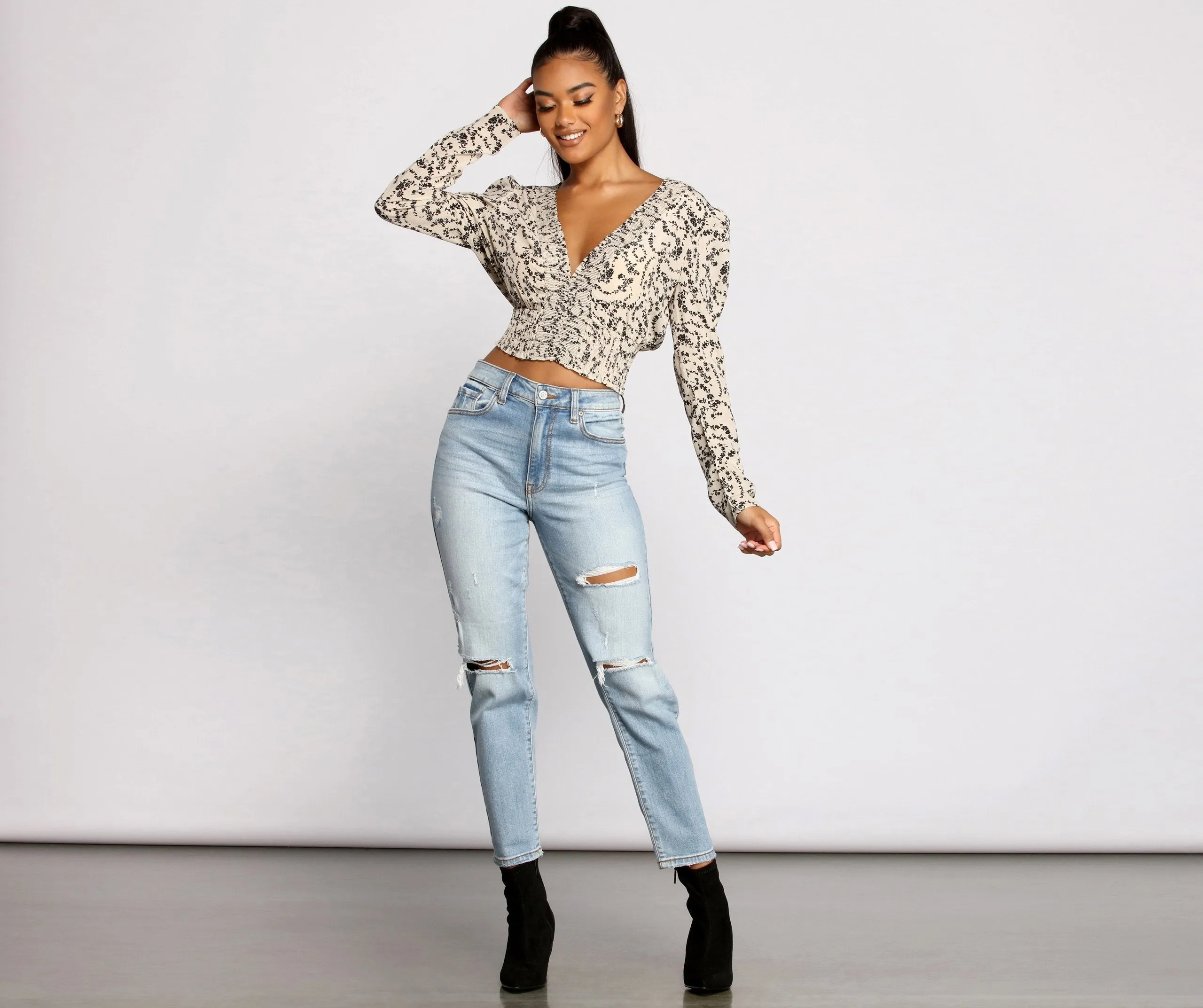 Sweet Intentions Smocked Knit Floral Crop Top