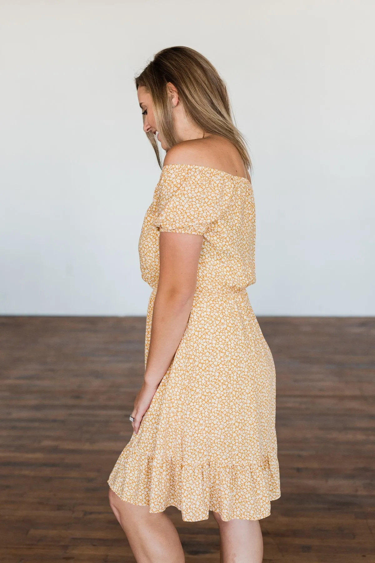 Swirl Into Season Off The Shoulder Dress- Mustard